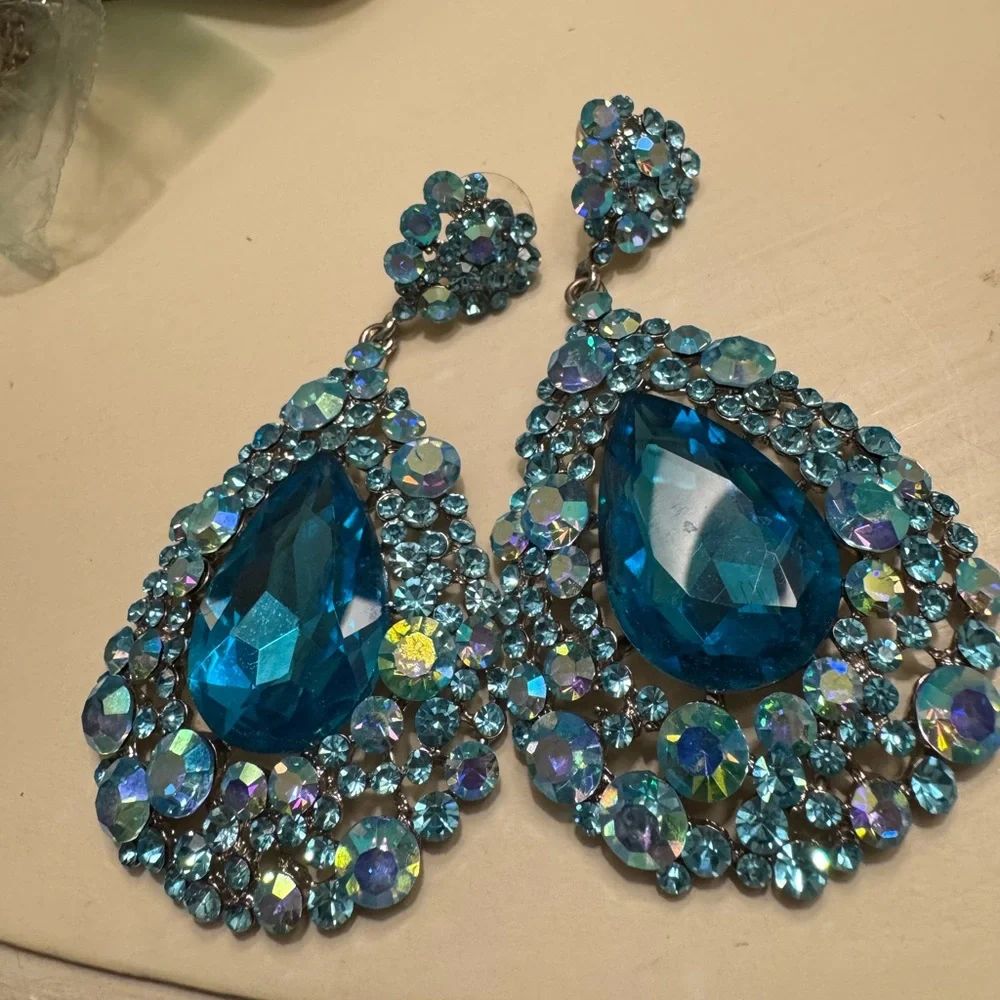 Blue Teardrop Crystal Statement Earrings - Picture 1 of 1